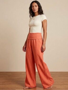 Love Tree Linen Blend Coral Fold Over Wide Leg Pants Medium